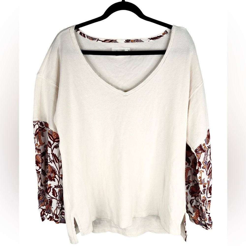 Anthropologie Cream Thermal Boho Floral Festival Flowy Oversized Top Size Small